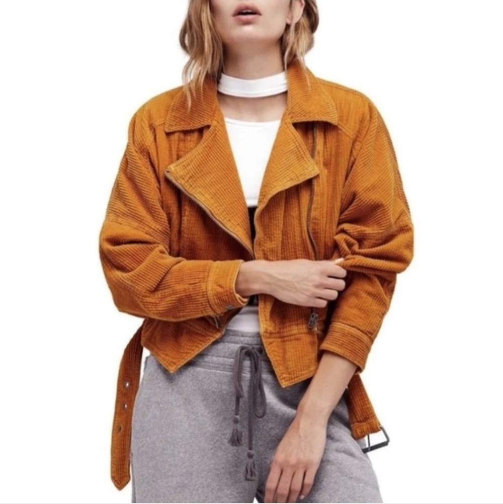 Free People Slouchy Dolman Corduroy Moto Jacket Saffron Yellow Size Small